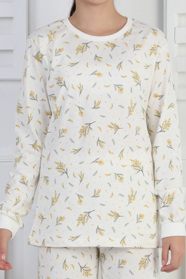 Kız Çocuk Çiçek Desenli %100 Pamuk Reaktif Boyalı Süprem Kumaş Uzun Kollu Pijama Takımı