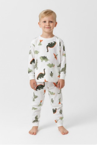 Erkek Çocuk Dinozor Desenli  %100 Pamuk Reaktif Boyalı Süprem Kumaş Uzun Kollu Pijama Takımı