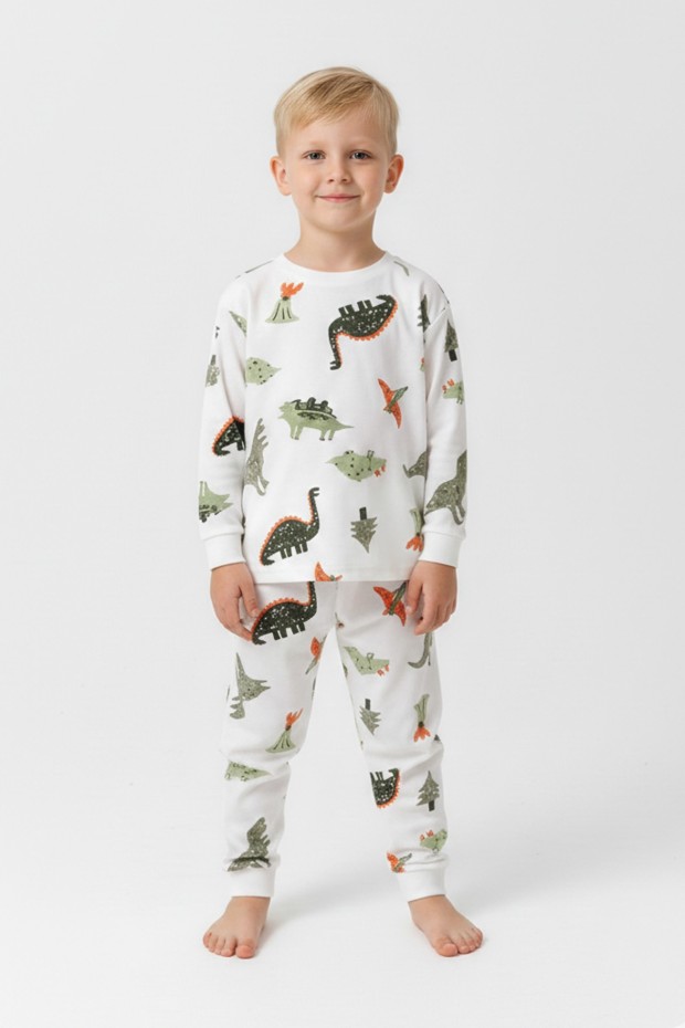 Erkek Çocuk Dinozor Desenli  %100 Pamuk Reaktif Boyalı Süprem Kumaş Uzun Kollu Pijama Takımı