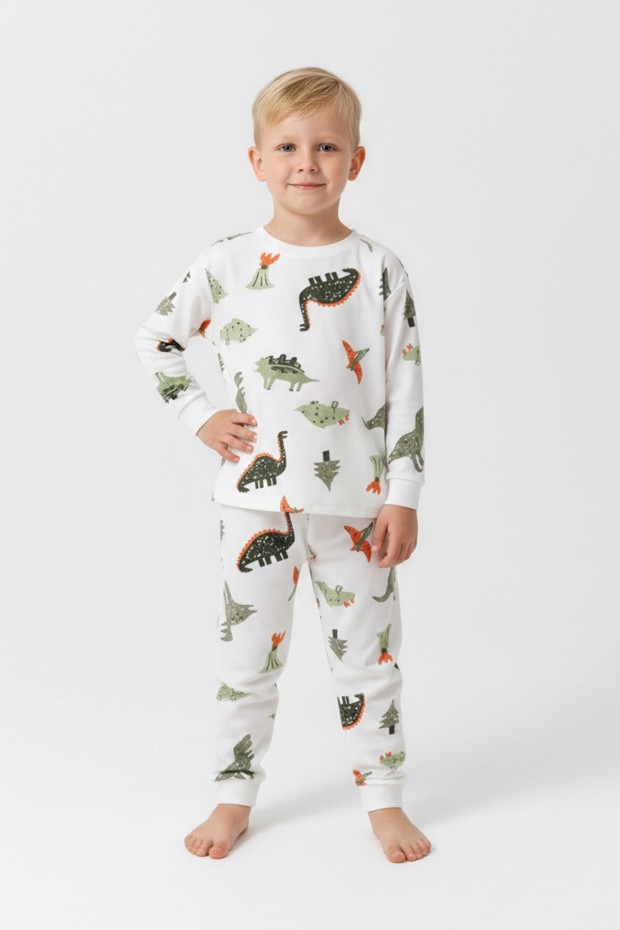 Erkek Çocuk Dinozor Desenli  %100 Pamuk Reaktif Boyalı Süprem Kumaş Uzun Kollu Pijama Takımı