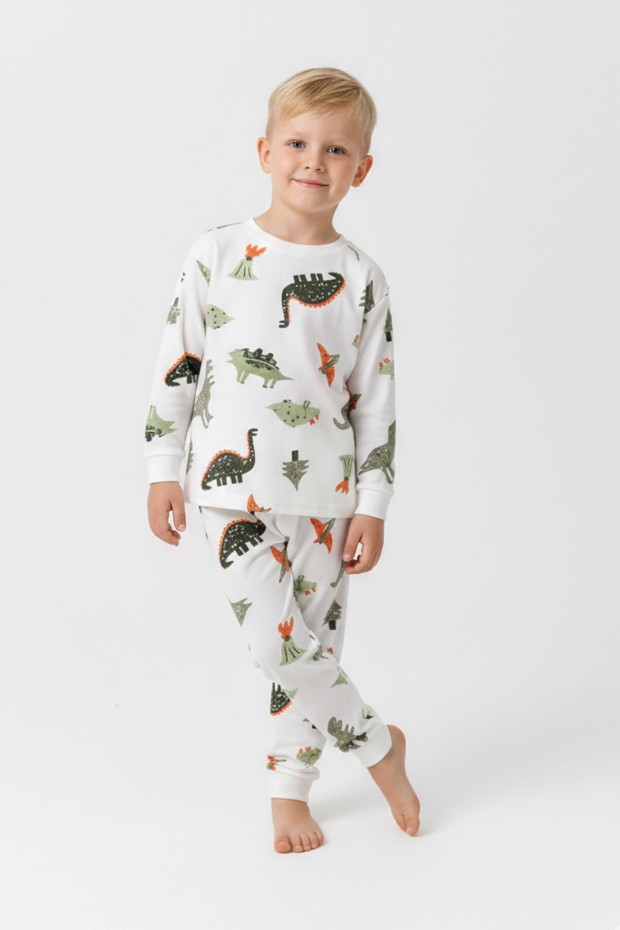 Erkek Çocuk Dinozor Desenli  %100 Pamuk Reaktif Boyalı Süprem Kumaş Uzun Kollu Pijama Takımı