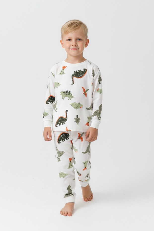 Erkek Çocuk Dinozor Desenli  %100 Pamuk Reaktif Boyalı Süprem Kumaş Uzun Kollu Pijama Takımı