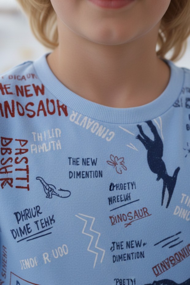 Garson Erkek Çocuk Dino Temalı Yazılı %100 Pamuk Reaktif Boyalı Süprem Kumaş Pijama Takımı