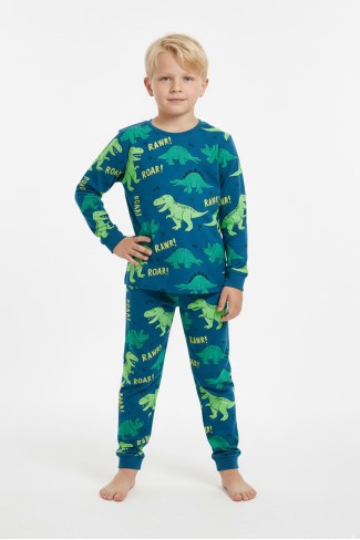 Erkek Çocuk Dinazor Baskılı %100 Pamuk Reaktif Boyalı Süprem Kumaş Uzun Kollu Pijama Takımı  