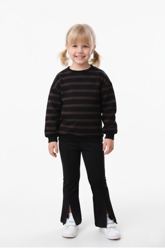 Kız Çocuk İki İplik Çizgili Sweatshirt ve İspanyol Paça Pantolon Takımı