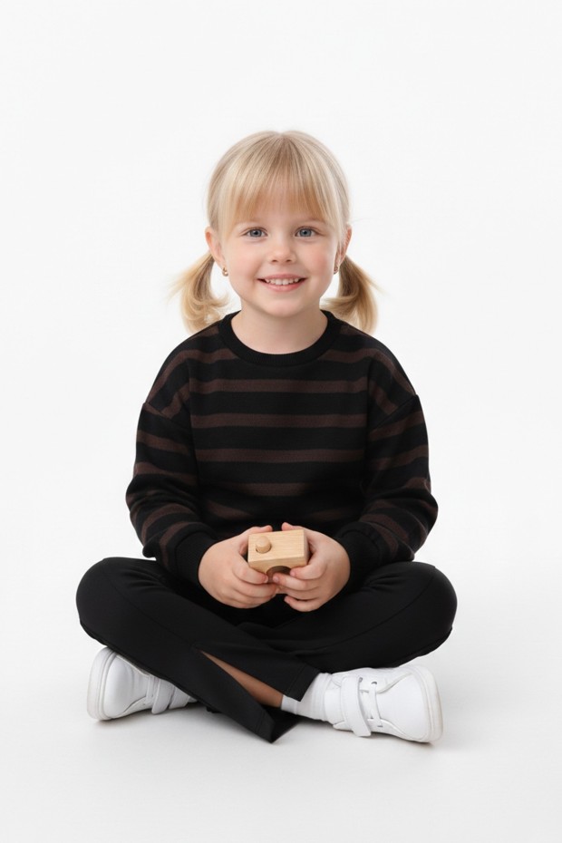 Kız Çocuk İki İplik Çizgili Sweatshirt ve İspanyol Paça Pantolon Takımı