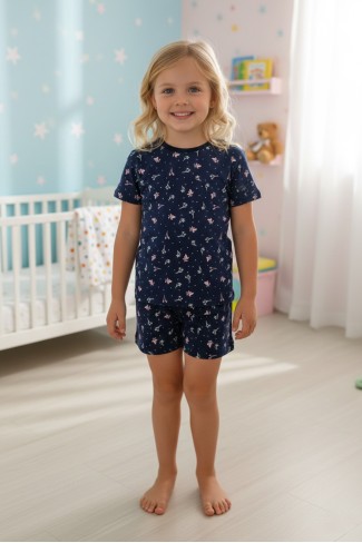 Kız Çocuk Çiçek Desenli %100 Pamuk Reaktif Boyalı Süprem Kumaş Kısa Kollu Şortlu Pijama Takımı