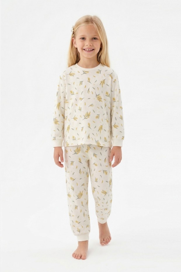 Kız Çocuk Çiçek Desenli %100 Pamuk Reaktif Boyalı Süprem Kumaş Uzun Kollu Pijama Takımı