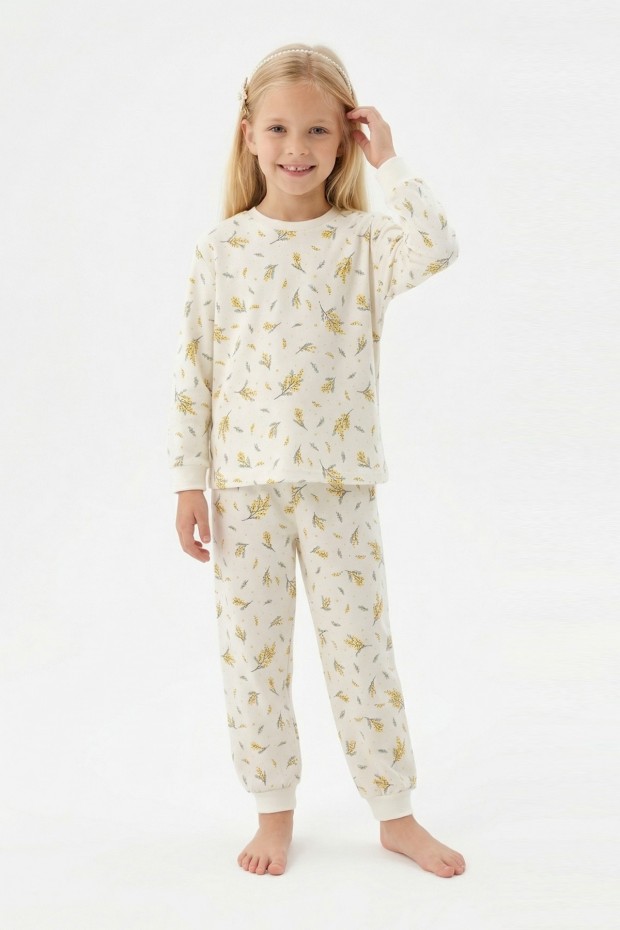 Kız Çocuk Çiçek Desenli %100 Pamuk Reaktif Boyalı Süprem Kumaş Uzun Kollu Pijama Takımı