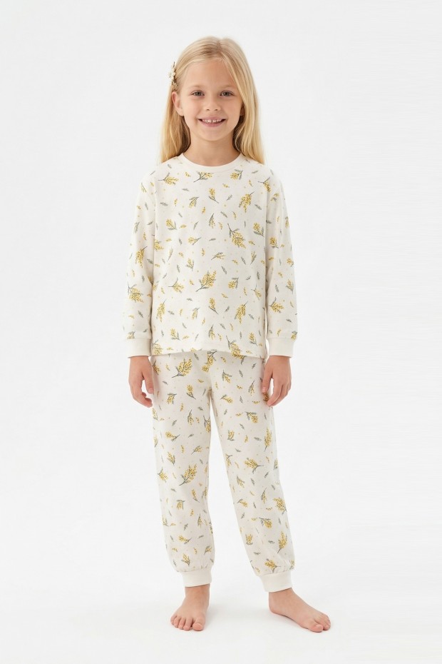 Kız Çocuk Çiçek Desenli %100 Pamuk Reaktif Boyalı Süprem Kumaş Uzun Kollu Pijama Takımı