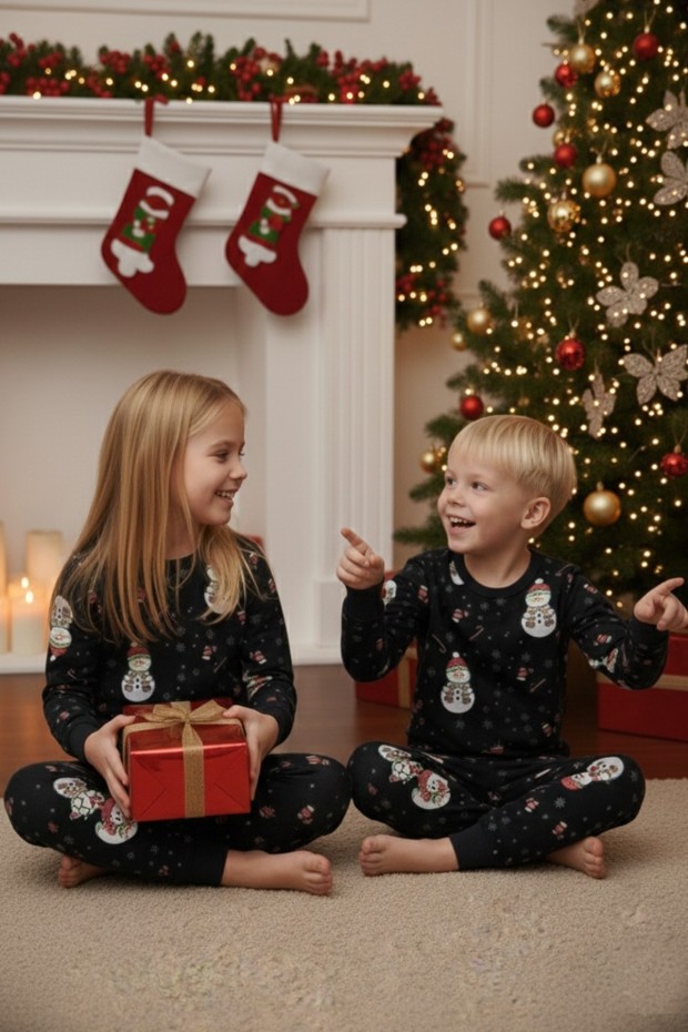 Uniseks Çocuk Kardan Adam Desenli Yılbaşı Temalı %100 Pamuk Reaktif Boyalı Süprem Kumaş Uzun Kollu Pijama Takımı  