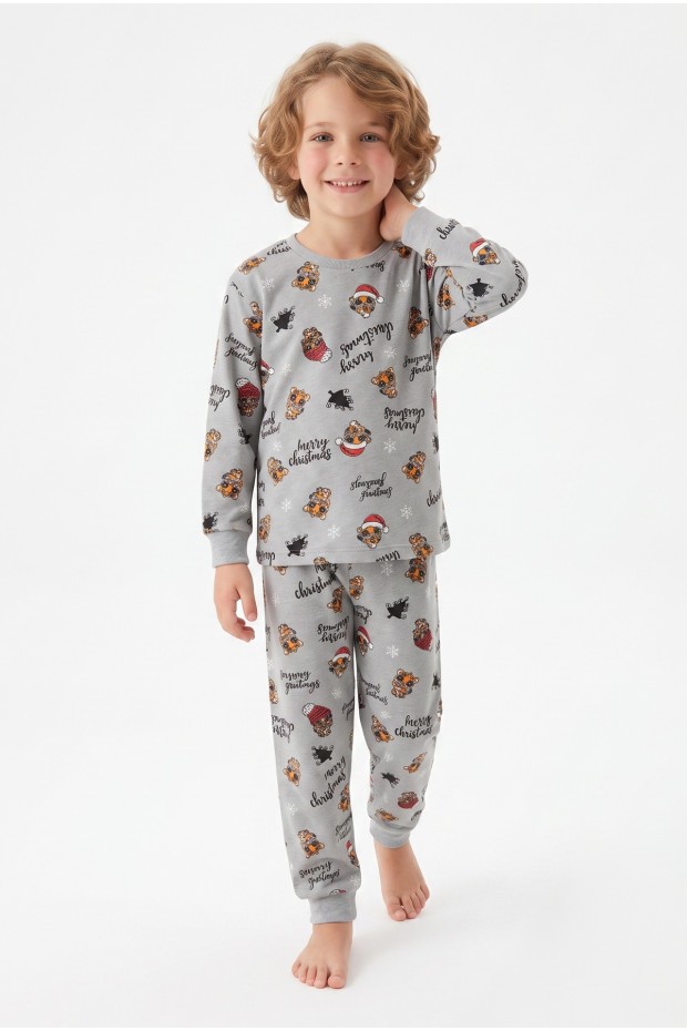 Erkek Çocuk Mutlu Yıllar Temalı %100 Pamuk Reaktif Boyalı Süprem Kumaş Uzun Kollu Pijama Takımı