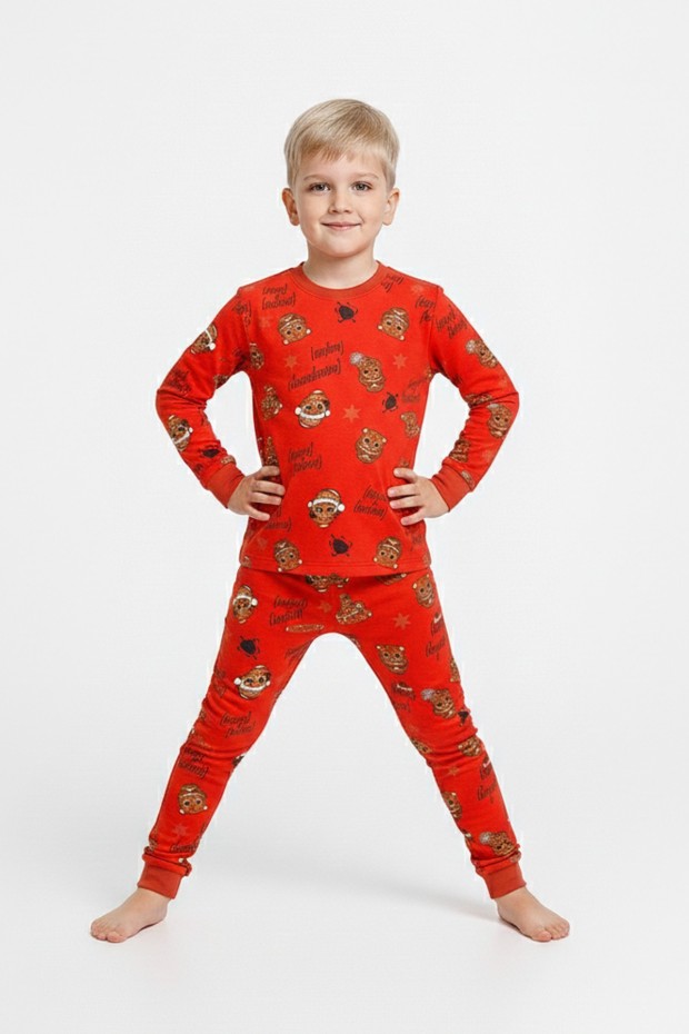 Erkek Çocuk Mutlu Yıllar Temalı %100 Pamuk Reaktif Boyalı Süprem Kumaş Uzun Kollu Pijama Takımı  