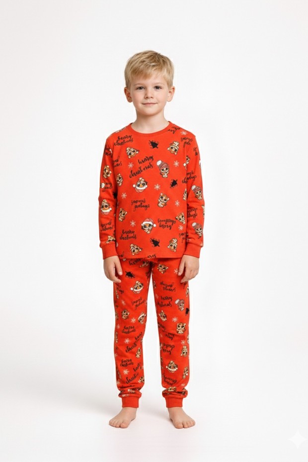 Erkek Çocuk Mutlu Yıllar Temalı %100 Pamuk Reaktif Boyalı Süprem Kumaş Uzun Kollu Pijama Takımı  