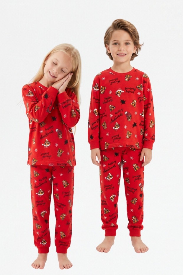 Erkek Çocuk Mutlu Yıllar Temalı %100 Pamuk Reaktif Boyalı Süprem Kumaş Uzun Kollu Pijama Takımı  