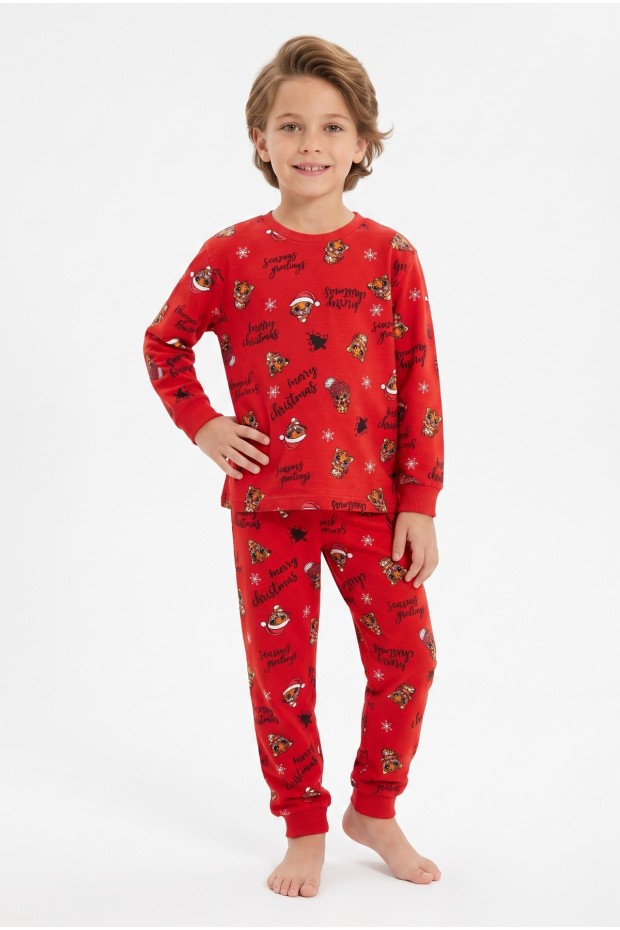 Erkek Çocuk Mutlu Yıllar Temalı %100 Pamuk Reaktif Boyalı Süprem Kumaş Uzun Kollu Pijama Takımı  