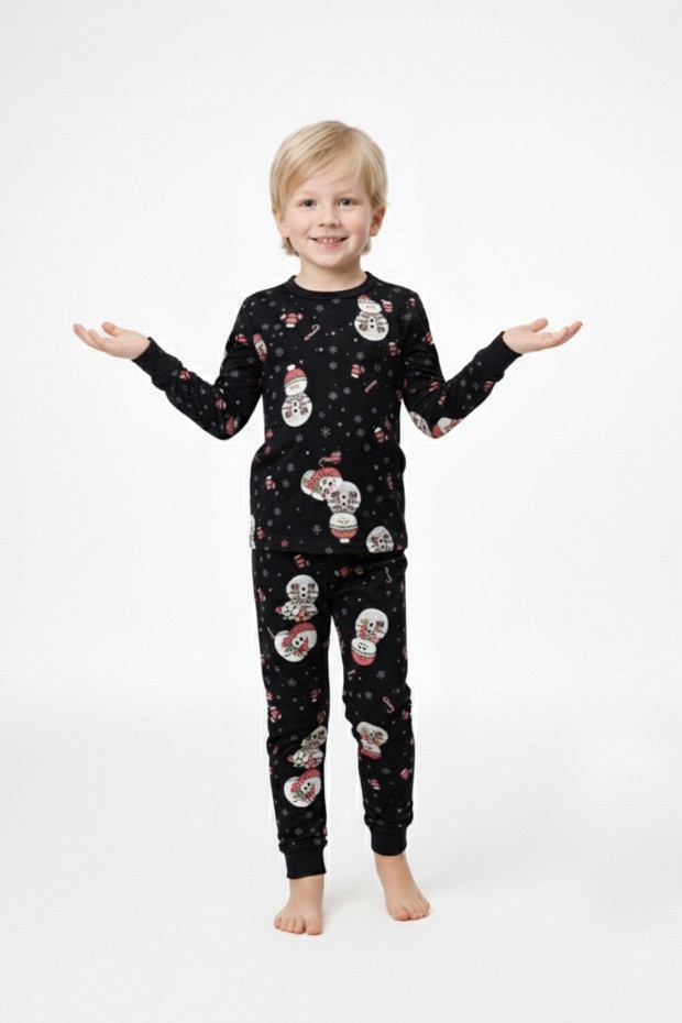 Erkek Çocuk Kardan Adam Desenli Yılbaşı Temalı %100 Pamuk Reaktif Boyalı Süprem Kumaş Uzun Kollu Pijama Takımı