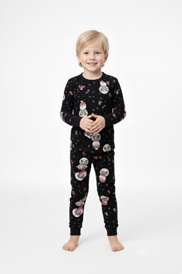 Erkek Çocuk Kardan Adam Desenli Yılbaşı Temalı %100 Pamuk Reaktif Boyalı Süprem Kumaş Uzun Kollu Pijama Takımı