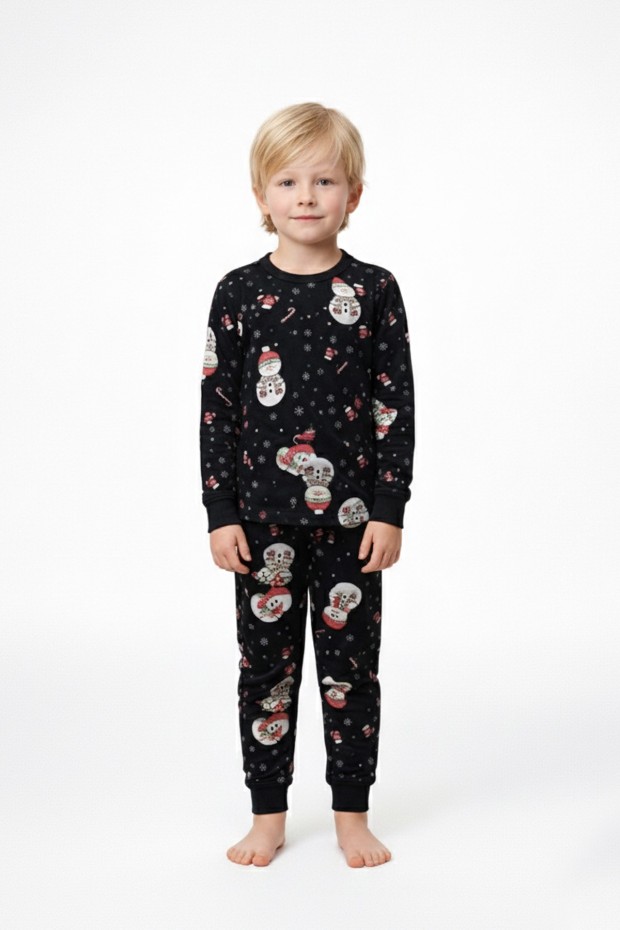 Erkek Çocuk Kardan Adam Desenli Yılbaşı Temalı %100 Pamuk Reaktif Boyalı Süprem Kumaş Uzun Kollu Pijama Takımı