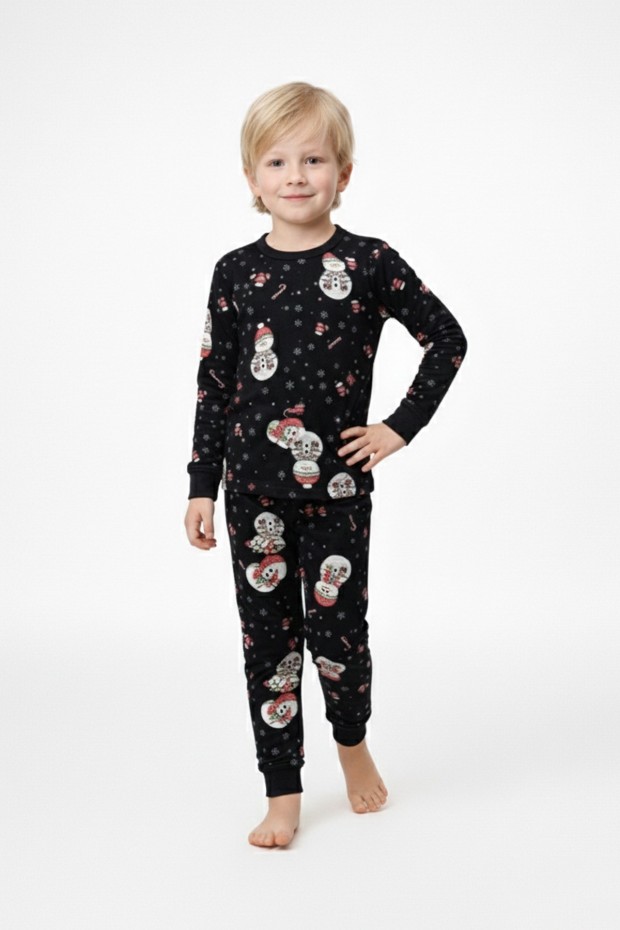 Erkek Çocuk Kardan Adam Desenli Yılbaşı Temalı %100 Pamuk Reaktif Boyalı Süprem Kumaş Uzun Kollu Pijama Takımı