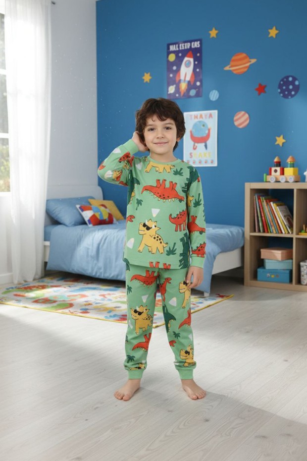 Erkek Çocuk Dinozor Desenli %100 Pamuk Reaktif Boyalı Süprem Kumaş Uzun Kollu Pijama Takımı
