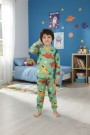 Erkek Çocuk Dinozor Desenli %100 Pamuk Reaktif Boyalı Süprem Kumaş Uzun Kollu Pijama Takımı