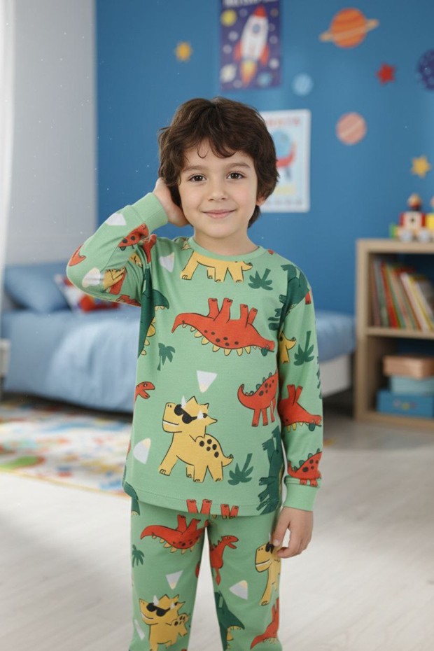 Erkek Çocuk Dinozor Desenli %100 Pamuk Reaktif Boyalı Süprem Kumaş Uzun Kollu Pijama Takımı