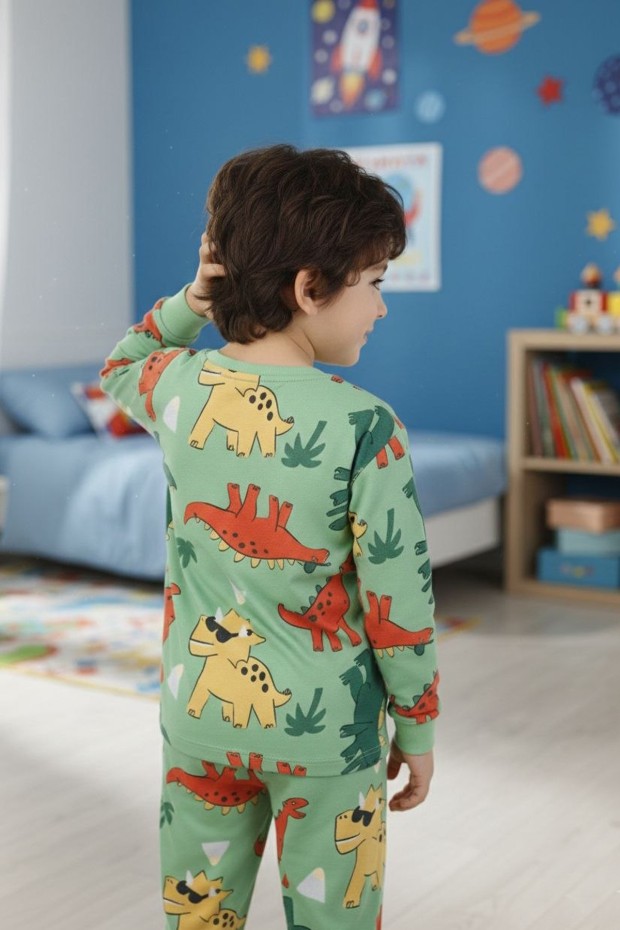 Erkek Çocuk Dinozor Desenli %100 Pamuk Reaktif Boyalı Süprem Kumaş Uzun Kollu Pijama Takımı