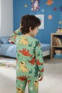 Erkek Çocuk Dinozor Desenli %100 Pamuk Reaktif Boyalı Süprem Kumaş Uzun Kollu Pijama Takımı