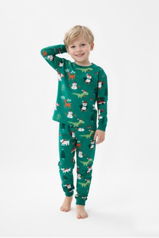 Erkek Çocuk Temalı Penguen Ve Geyik Desenli %100 Pamuk Reaktif Boyalı Süprem Kumaş Uzun Kollu Pijama Takımı