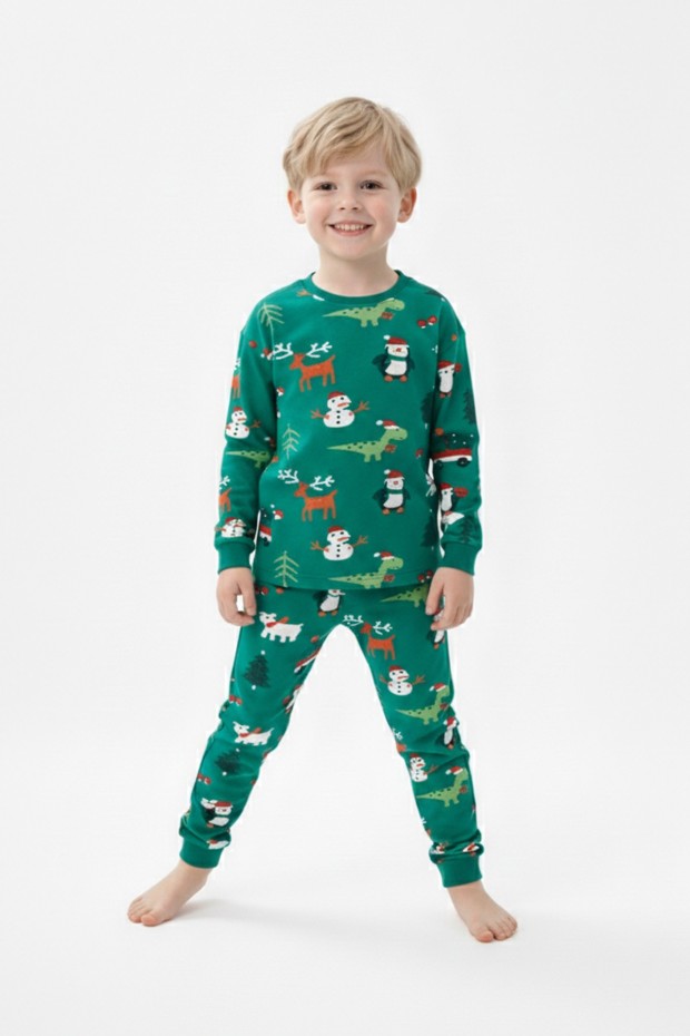 Erkek Çocuk Temalı Penguen Ve Geyik Desenli %100 Pamuk Reaktif Boyalı Süprem Kumaş Uzun Kollu Pijama Takımı