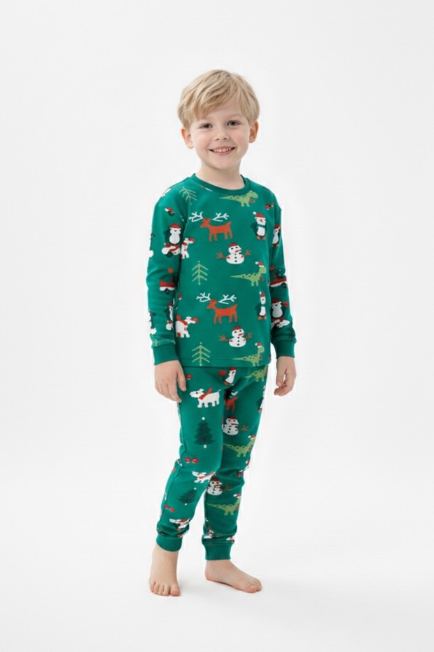 Erkek Çocuk Temalı Penguen Ve Geyik Desenli %100 Pamuk Reaktif Boyalı Süprem Kumaş Uzun Kollu Pijama Takımı