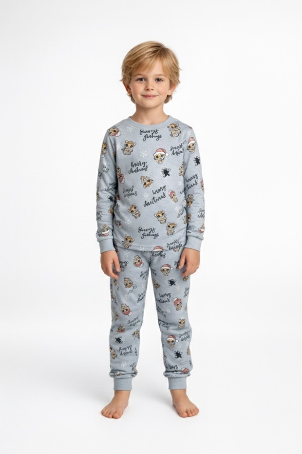 Erkek Çocuk Noel Temalı Figürlü  %100 Pamuk Reaktif Boyalı Süprem Kumaş Uzun Kollu Pijama Takımı