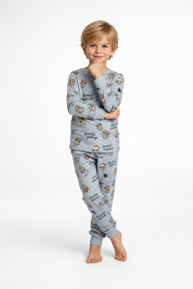 Erkek Çocuk Noel Temalı Figürlü  %100 Pamuk Reaktif Boyalı Süprem Kumaş Uzun Kollu Pijama Takımı