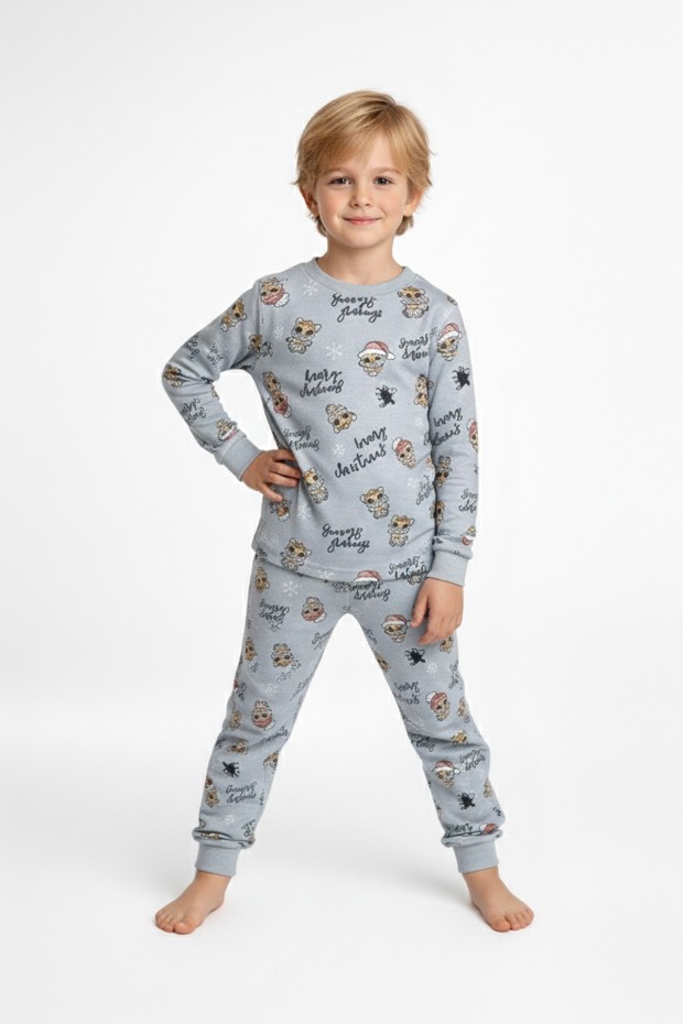 Erkek Çocuk Noel Temalı Figürlü  %100 Pamuk Reaktif Boyalı Süprem Kumaş Uzun Kollu Pijama Takımı