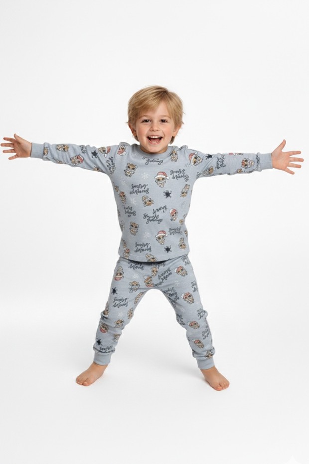 Erkek Çocuk Noel Temalı Figürlü  %100 Pamuk Reaktif Boyalı Süprem Kumaş Uzun Kollu Pijama Takımı
