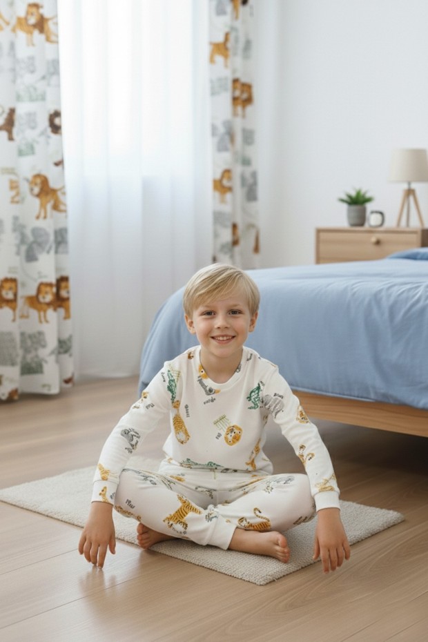 Garson Erkek Çocuk Safari Hayvan Desenli %100 Pamuk Reaktif Boyalı İnterlok Kumaş Uzun Kollu Pijama Takımı 