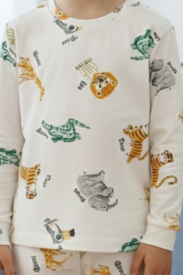 Garson Erkek Çocuk Safari Hayvan Desenli %100 Pamuk Reaktif Boyalı İnterlok Kumaş Uzun Kollu Pijama Takımı 