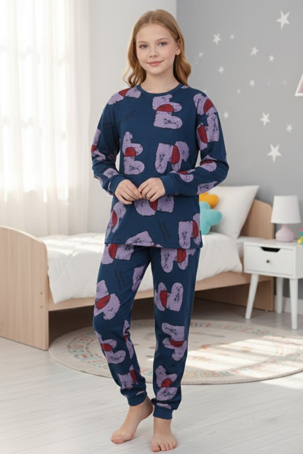 Garson Kız Çocuk Baskılı %100 Pamuk Reaktif Boyalı Süprem Kumaş Uzun Kollu Pijama Takımı
