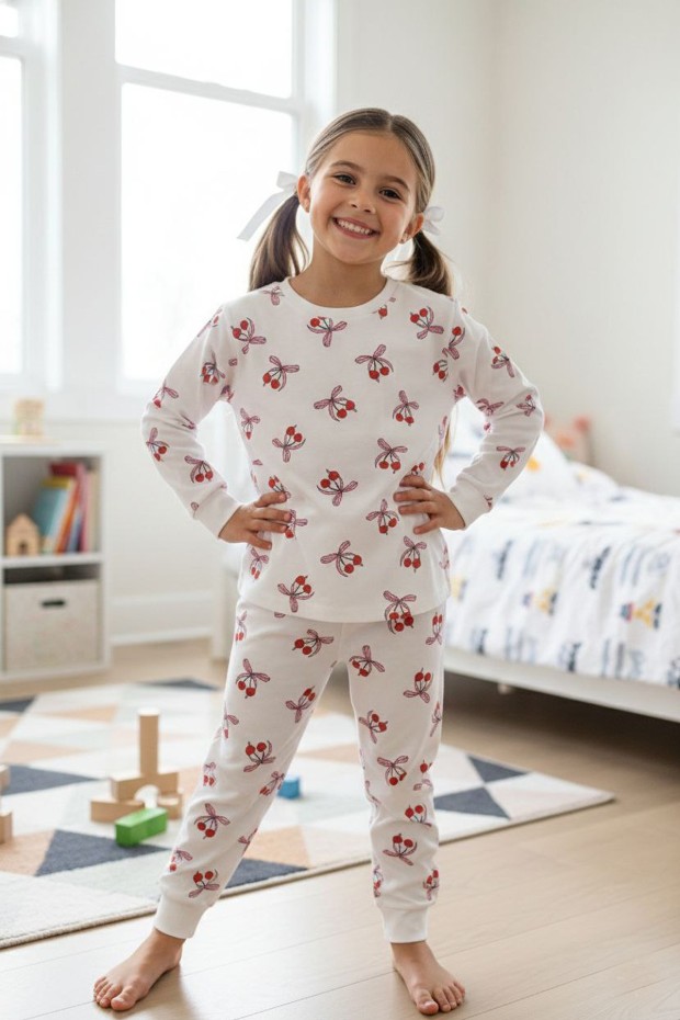 Kız Çocuk Kiraz Desenli %100 Pamuk Reaktif Boyalı Süprem Kumaş Uzun Kollu Pijama Takımı 