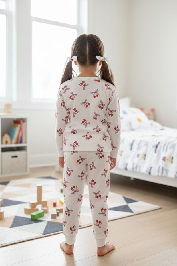 Kız Çocuk Kiraz Desenli %100 Pamuk Reaktif Boyalı Süprem Kumaş Uzun Kollu Pijama Takımı 