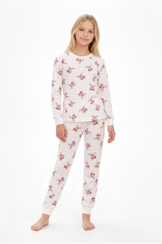 Garson Kız Çocuk Kiraz Desenli %100 Pamuk Reaktif Boyalı Süprem Kumaş Uzun Kollu Pijama Takımı