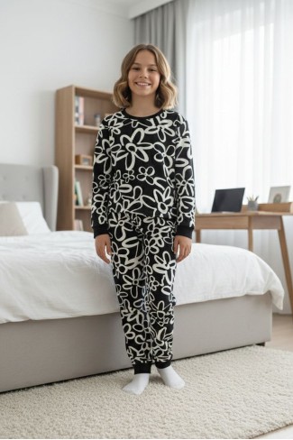 Garson Kız Çocuk Büyük Çiçek Desenli %100 Pamuk Reaktif Boyalı Süprem Kumaş Uzun Kollu Pijama Takımı 