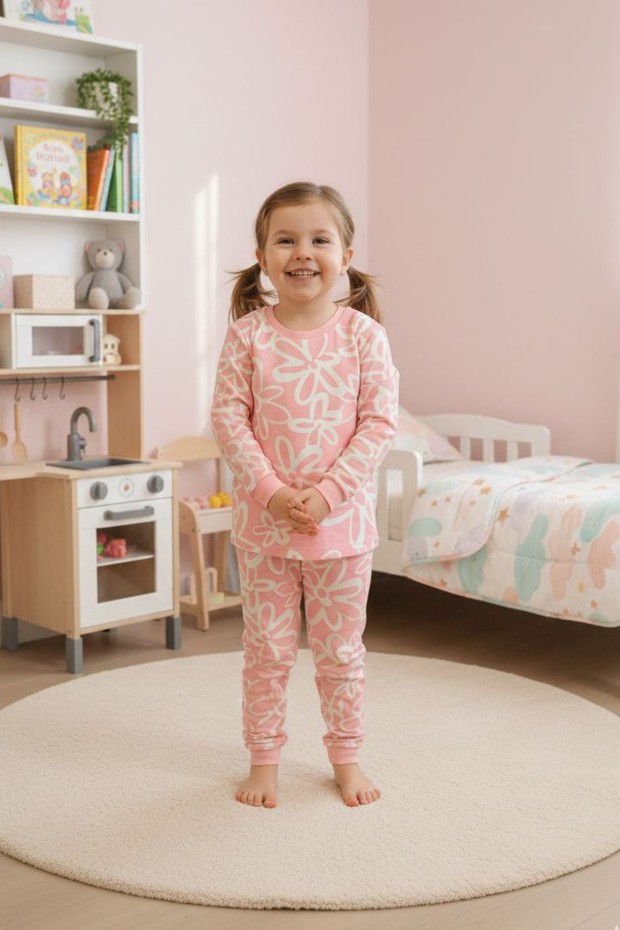 Kız Çocuk Büyük Çiçek Desenli %100 Pamuk Reaktif Boyalı Süprem Kumaş Uzun Kollu Pijama Takımı 