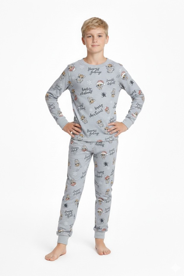Garson Erkek Çocuk Mutlu Yıllar Temalı %100 Pamuk Reaktif Boyalı Süprem Kumaş Uzun Kollu Pijama Takımı