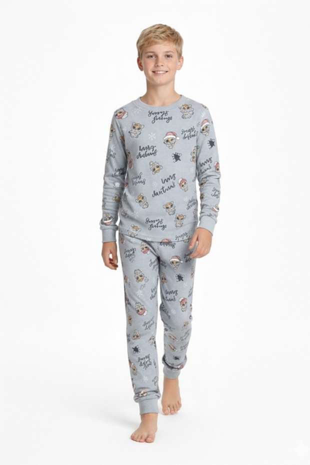 Garson Erkek Çocuk Mutlu Yıllar Temalı %100 Pamuk Reaktif Boyalı Süprem Kumaş Uzun Kollu Pijama Takımı