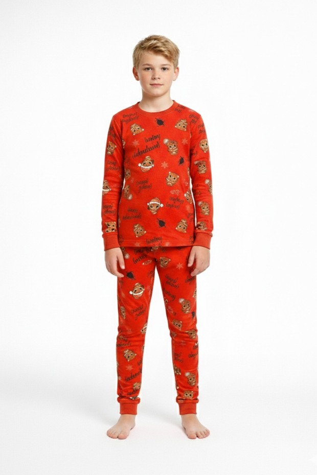 Garson Çocuk Mutlu Yıllar Temalı %100 Pamuk Reaktif Boyalı Süprem Kumaş Uzun Kollu Pijama Takımı 