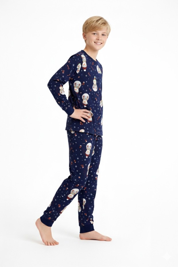 Garson Erkek Çocuk Mutlu Yıllar Temalı %100 Pamuk Reaktif Boyalı Süprem Kumaş Uzun Kollu Pijama Takımı
