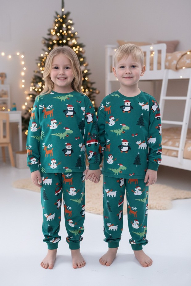 Uniseks Çocuk Temalı Penguen Ve Geyik Desenli %100 Pamuk Reaktif Boyalı Süprem Kumaş Uzun Kollu Pijama Takımı