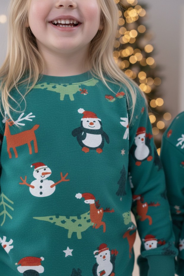 Uniseks Çocuk Temalı Penguen Ve Geyik Desenli %100 Pamuk Reaktif Boyalı Süprem Kumaş Uzun Kollu Pijama Takımı